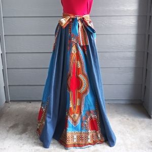 African Print Boho Denim Maxi Skirt